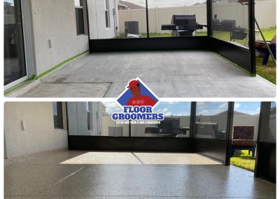 A before and after picture of a patio floor.