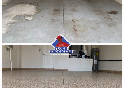A before and after picture of garage floor repair.