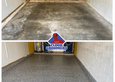 A before and after picture of the floor in a garage.