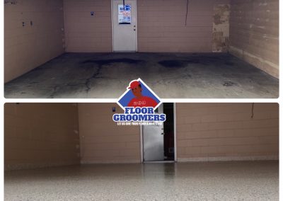 A before and after picture of garage floor in the process of being cleaned.