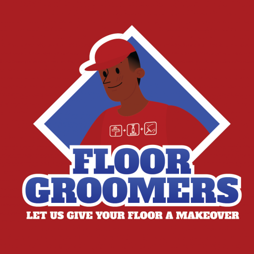 A red background with the words floor groomers and an image of a man.