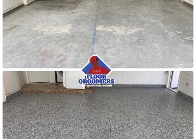 A before and after picture of garage floor with a coating.