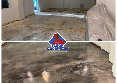 A before and after picture of a room with concrete floors.