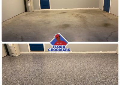 A before and after picture of the floor in a garage.