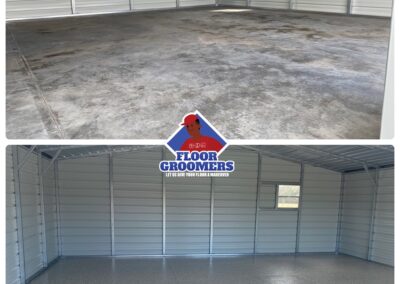 A before and after picture of the garage floor.