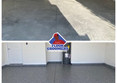 A before and after picture of the floor in garage.